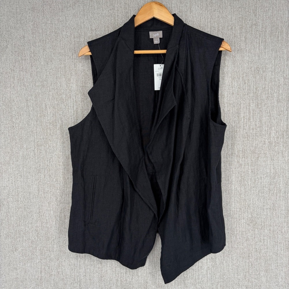 J Jill Cardigan Vest Womens XL Black Open Draped Waterfall Langenlook 100% Linen